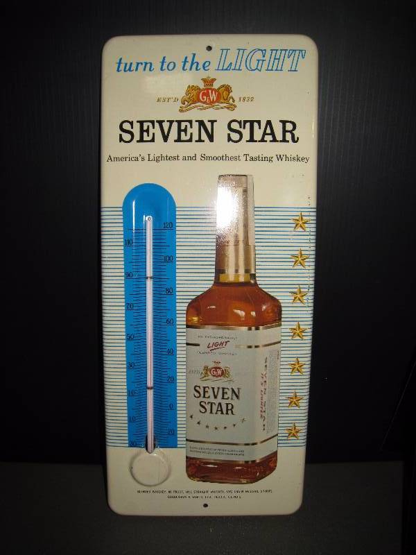 lot 90 image: Seven Star Whiskey painted tin thermometer, very nice condition