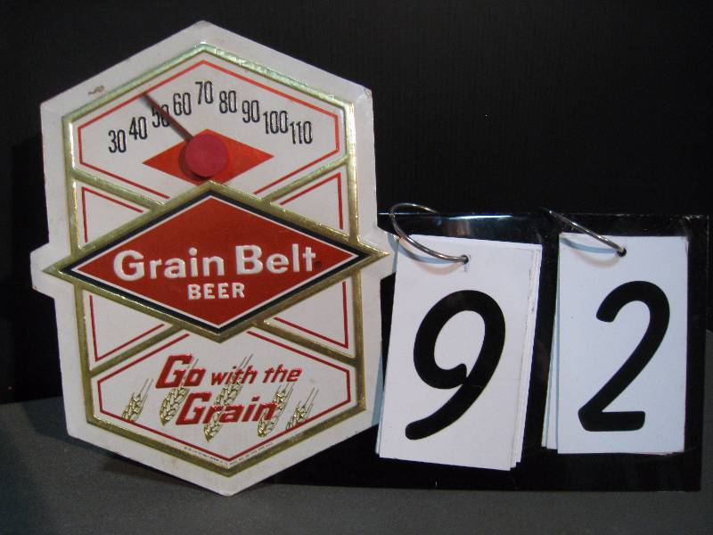 lot 92 image: Grain Belt thermometer, foil embossed cardboard, NOS New Old Stock, very good condition