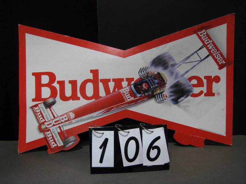 lot 106 image: Budweiser bowtie Top Fuel Dragster diecut cardboard display, double-sided one side very nice,
