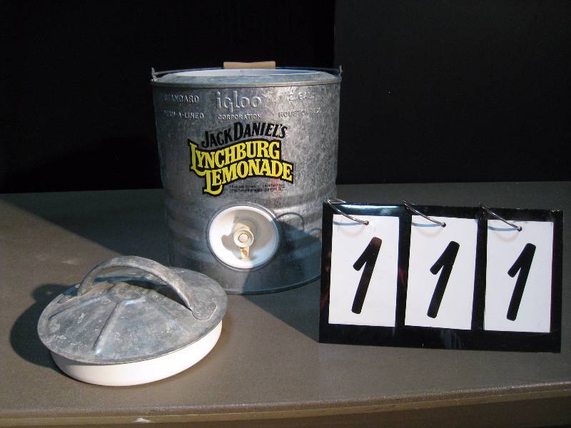 lot 111 image: Jack Daniels Igloo brand 2 gallon galvanized cooler Lynchburg Lemonade with recipe on cooler, looks new