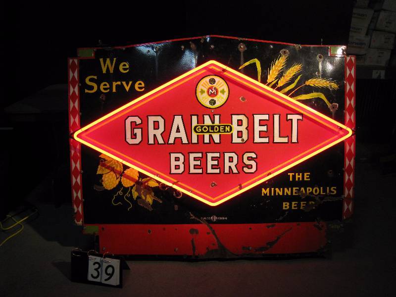 lot 39 image: Large porcelain Grain Belt diamond neon. Lots of patina, looks like its survived a barfight - but still looks great (you should see the other guy).
