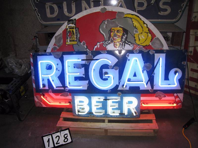 lot 128 image: Regal Beer porcelain neon sign, porcelain is a little rough, but the neon works great.