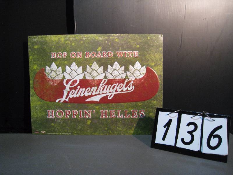 lot 136 image: Leinenkugels Hoppin Helles tin tacker sign, NOS