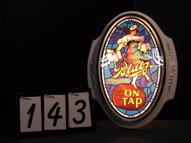 lot 143 image: Blatz Valerie Girl NOS oval shape light up sign, on tap version