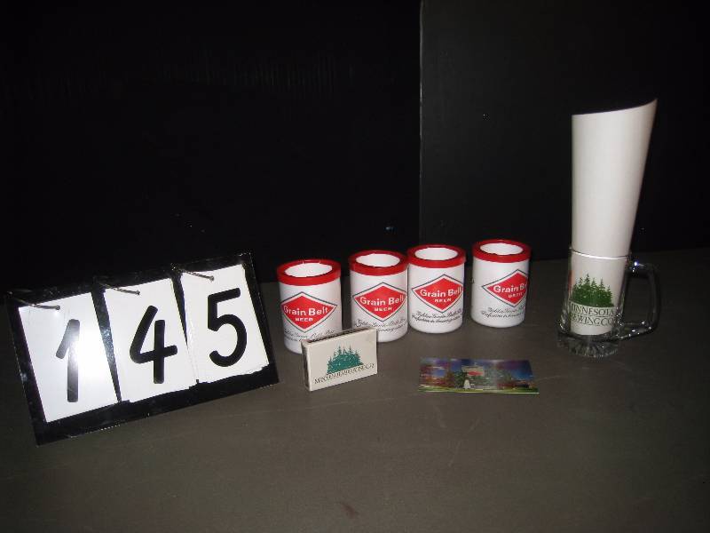 lot 145 image: Group of Grain Belt Beer items 4 styrofoam koozies, glass mug, deck of playing cards, aand unused Grain Belt Brewery postcard