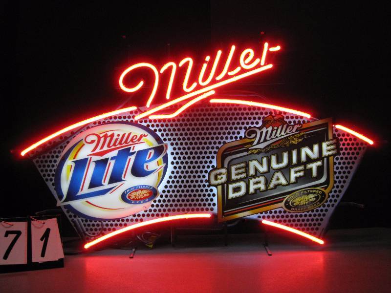 lot 171 image: Miller MGD neon sign with perforated metal background