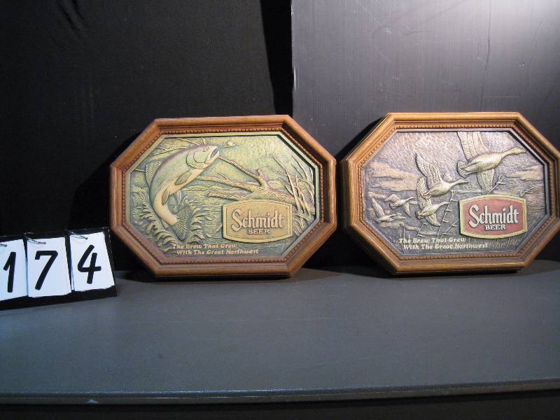 lot 174 image: 2 Schmidt wildlife plastic wall hanging signs, 1 flying geese, and 1 jumping trout