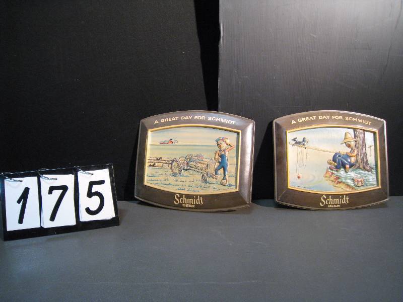 lot 175 image: 2 Schmidt vaccuum formed plastic signs with scarecrow images, 1977