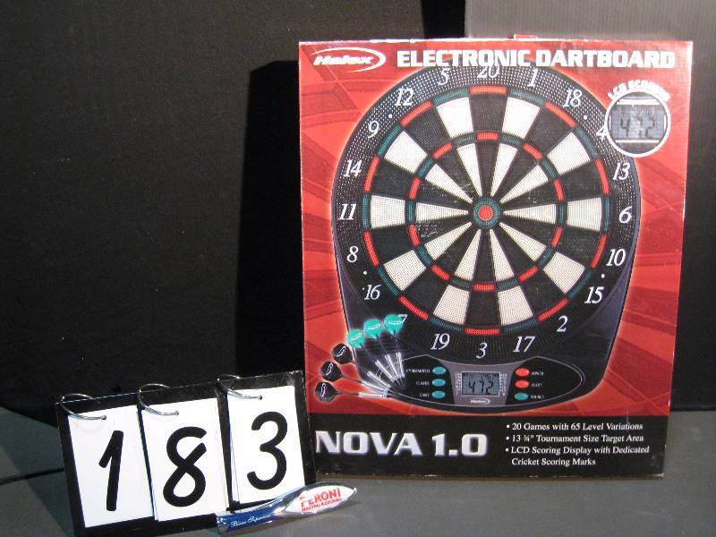 lot 183 image: Electronic dartboard, new in box, contents complete, and Peroni tap handle