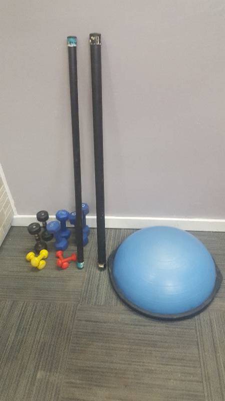 Weighted and padded barbells 15 and 24 pound bars.