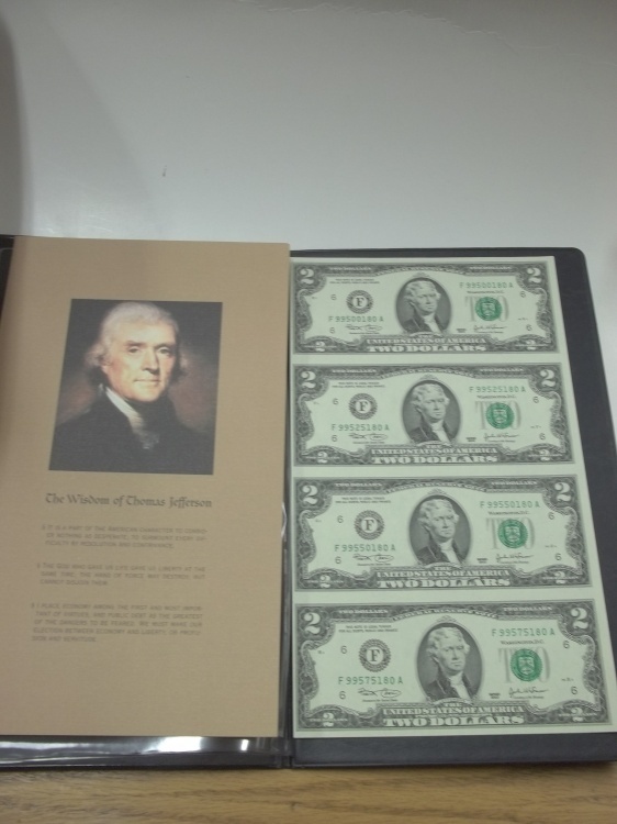 lot 170 image: Uncut Sheet of $2 Bills with Thomas Jefferson with certificate