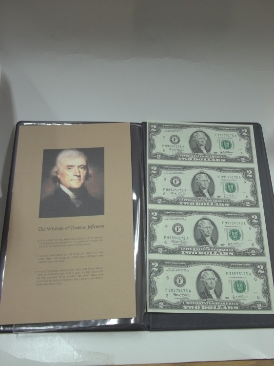lot 172 image: Uncut Sheet of $2 Bills with Thomas Jefferson with certificate