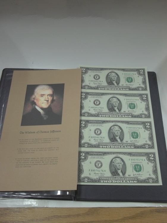 lot 173 image: Uncut Sheet of $2 Bills with Thomas Jefferson with certificate