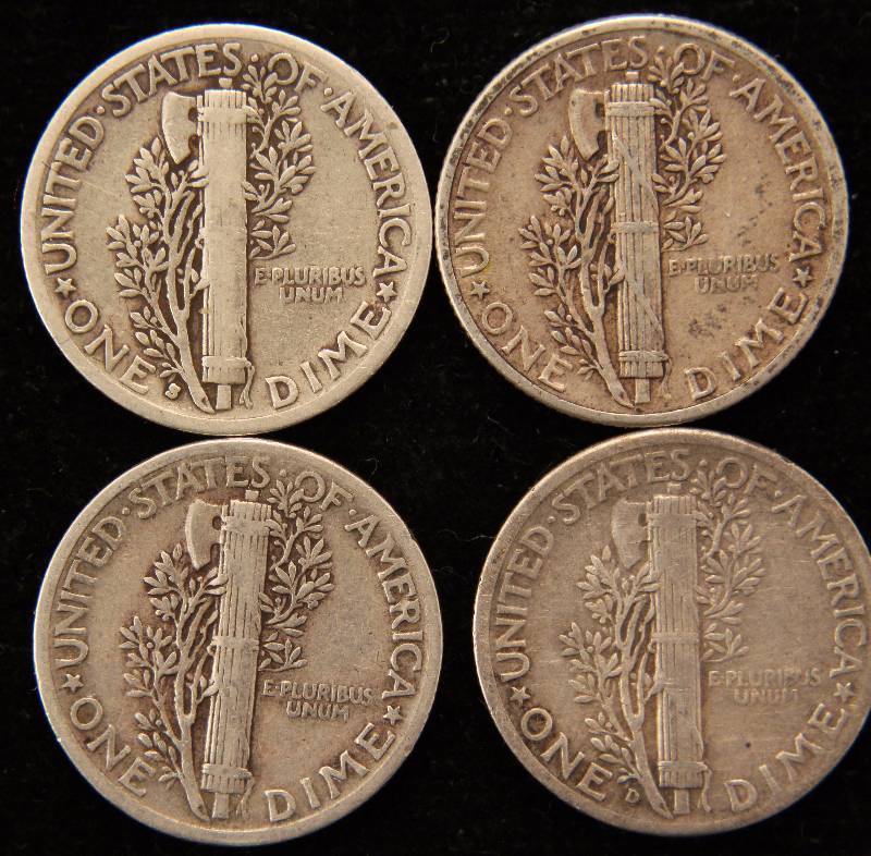 GROUP OF 4 MERCURY SILVER DIMES 1937S-1939-1941-1944D