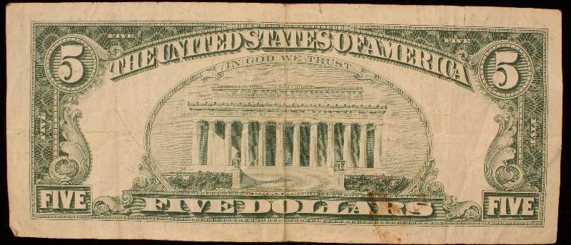 1963 US CURRENCY RED SEAL $5 BILL XF DETAILS