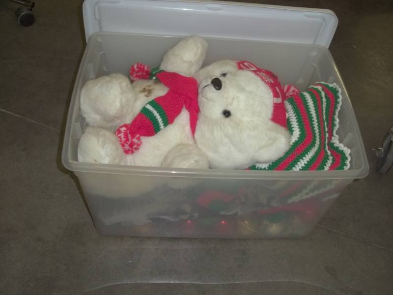 lot 28 image: Clear Tote with Christmas Bulbs and accessories