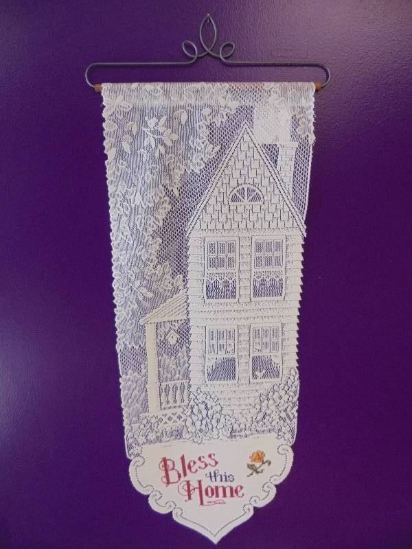 lot 19 image: Heritage Lace Bless This Home Wall Hanging, New, Ecru, 34x13