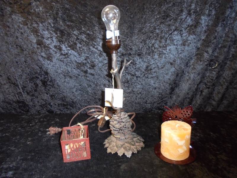 lot 35 image: Lot - Park Designs New Metal Pine Cone Lamp & Candle Holders
