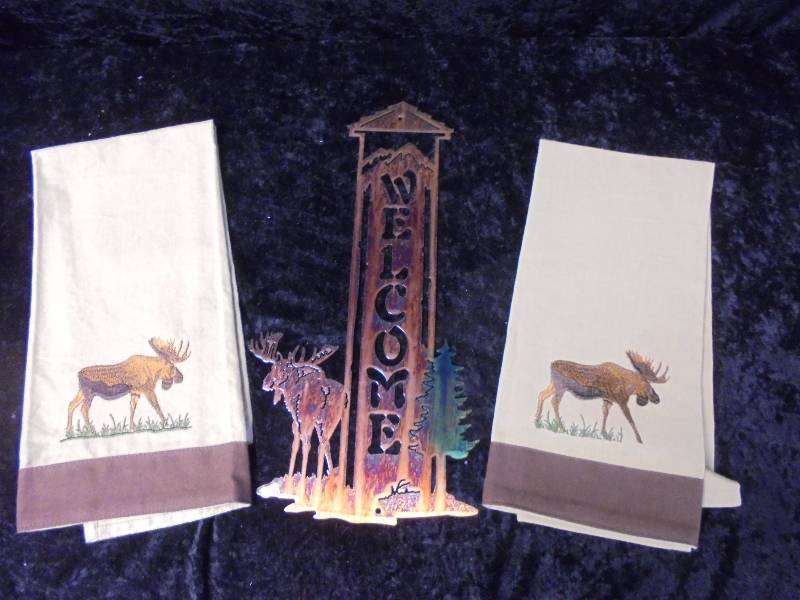 lot 37 image: Lot - Park Designs New Moose Hand Towels & Metal Moose Welcome Sign