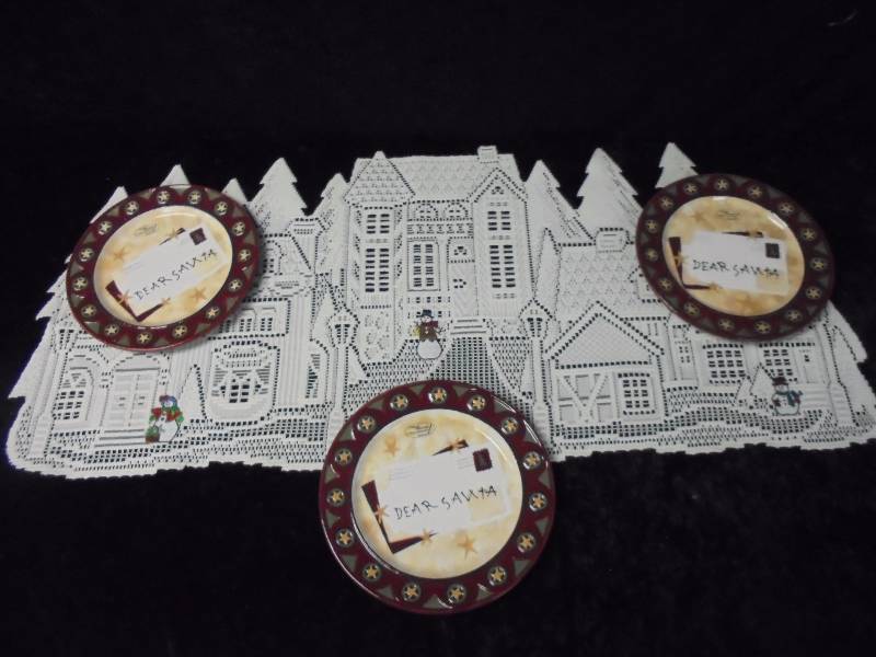 lot 57 image: Heritage Lace New Heritage Lane Runner, Ecru, 16x36 & Park Designs Dear Santa Plates