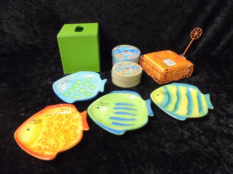 lot 100 image: Lot - New Fish Snack Plates, Napkin Holder, Kleenex Box Holder, etc