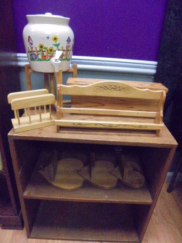 lot 127 image: Lot - Wood Shelf, Water Dispenser, Misc Wood Pieces