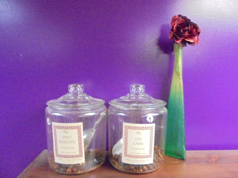 lot 128 image: Lot - Glass Canisters with Potpourri, Green Vase