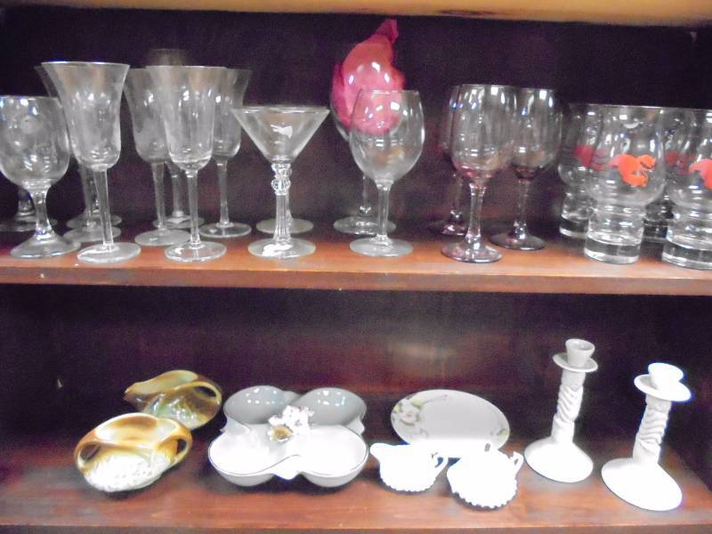 lot 131 image: Lot - McCoy CreamerSugar Set, Marked Candle Holders, Misc Glassware