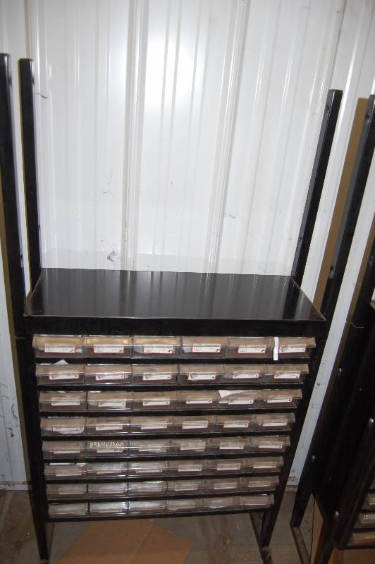 lot 512 image: Metal Drawered Hardware Cabinet with Brass Fittings Contents