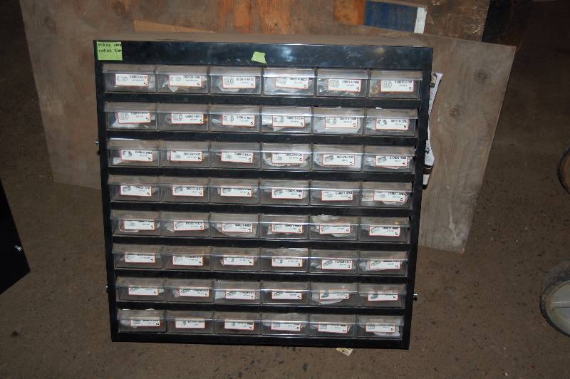 lot 513 image: Metal Hardware Cabinet with Brass Fittings Contents