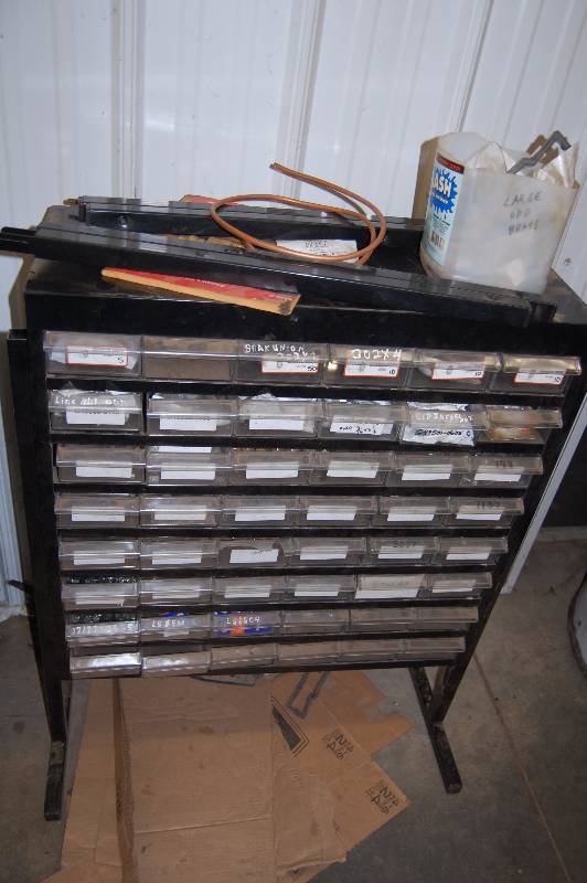 lot 514 image: Metal Hardware Cabinet with Brass Fittings Contents