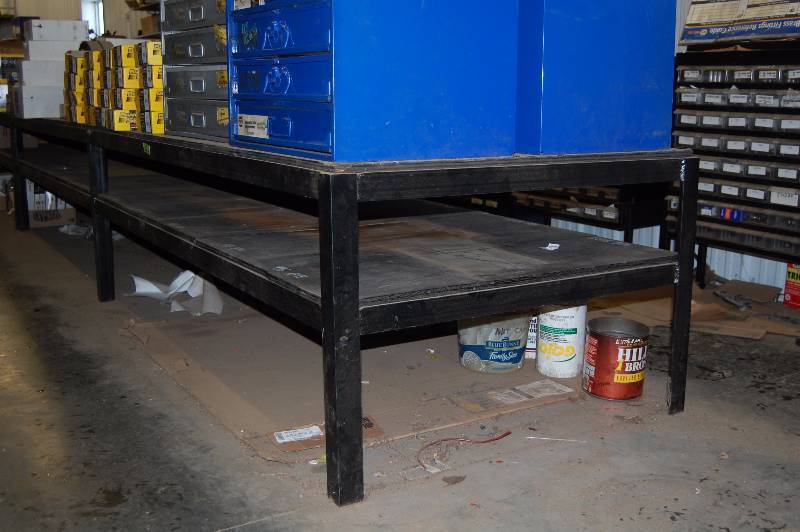 lot 1718 image: Steel Framed Work Bench with Wood Shelves