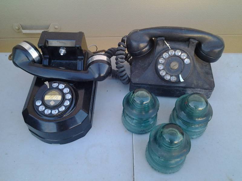 lot 10 image: 2-Vintage Telephones & 3-Glass Insulators