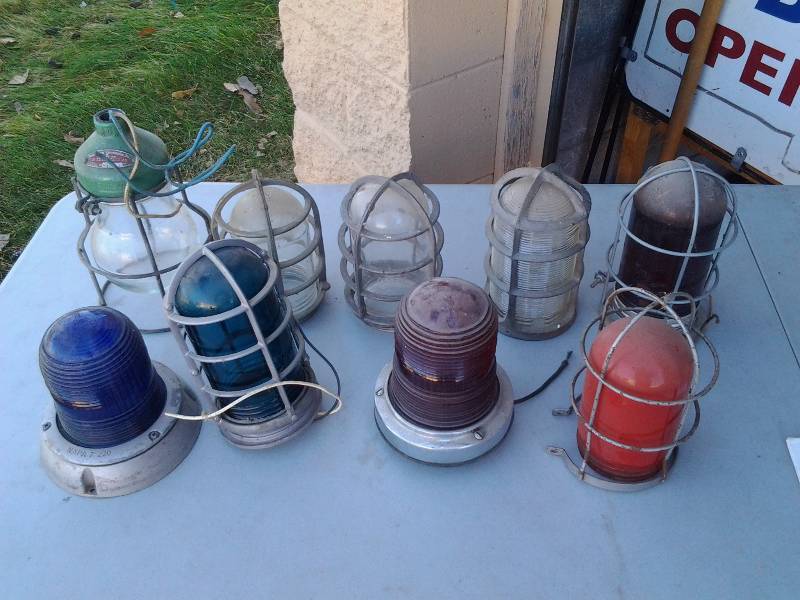 lot 13 image: 9-Assorted Vintage Light Fixtures, 5 With Colored Globes