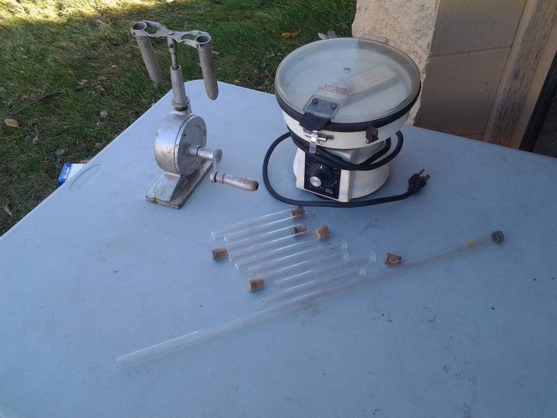 lot 18 image: 1-Vintage Manual Centrifuge, 1-Electric Readacrit Centrifuge, Glass Test Tubes