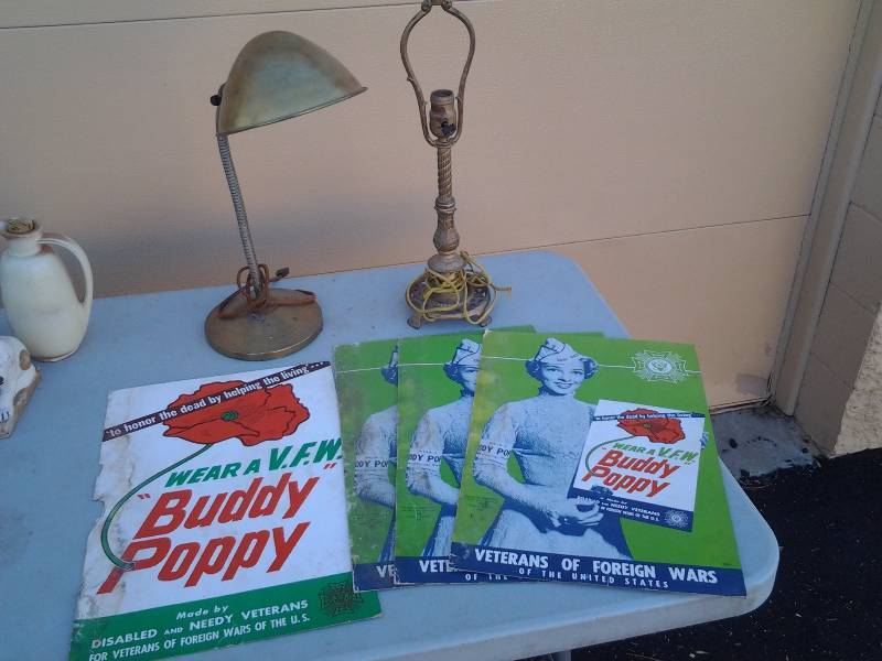 lot 26 image: 2-Vintage Metal Lamps, VFW Buddy Poppy Posters
