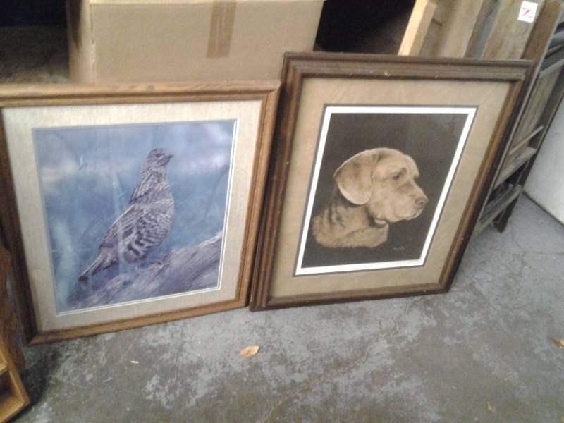 lot 42 image: 2-Prints Dog 29x25, Grouse 23x27