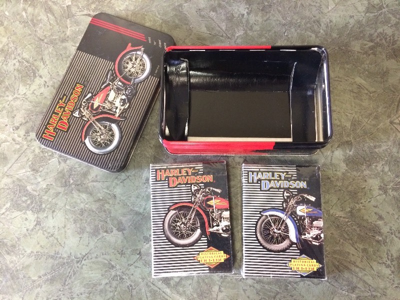lot 62 image: HARLEY-DAVIDSON TIN & PLAYING CARDS