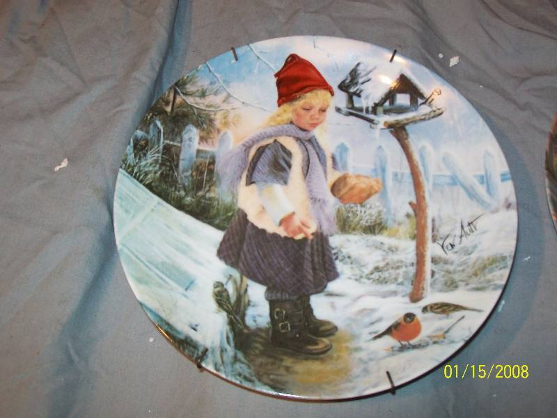 lot 11 image: 4 Collector Plates1983 Seasons the Little Darlings Series signed by Artist Von Ault with Plate Hangers.