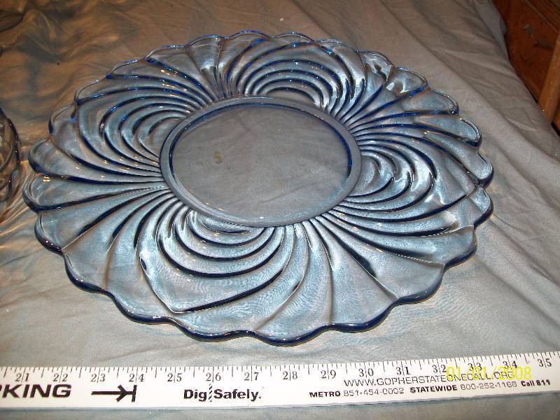 lot 46 image: 9 Piece Vintage Exquisite LightLite Wavy Blue Glass Goblets & Platters.
