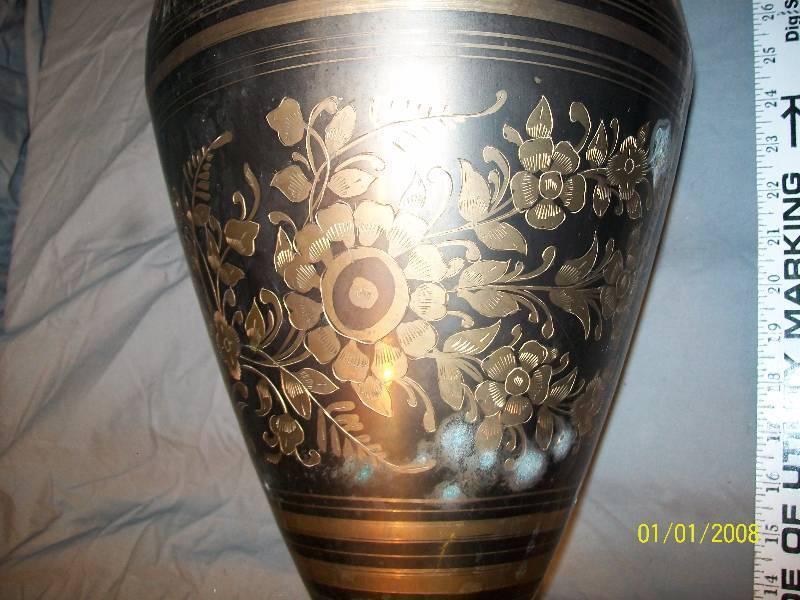 lot 50 image: 40 Tall Brass Floor Vase with Fluted 10 Rim. Vintage VaseUrn with Exquisite Ornate Floral Etching.