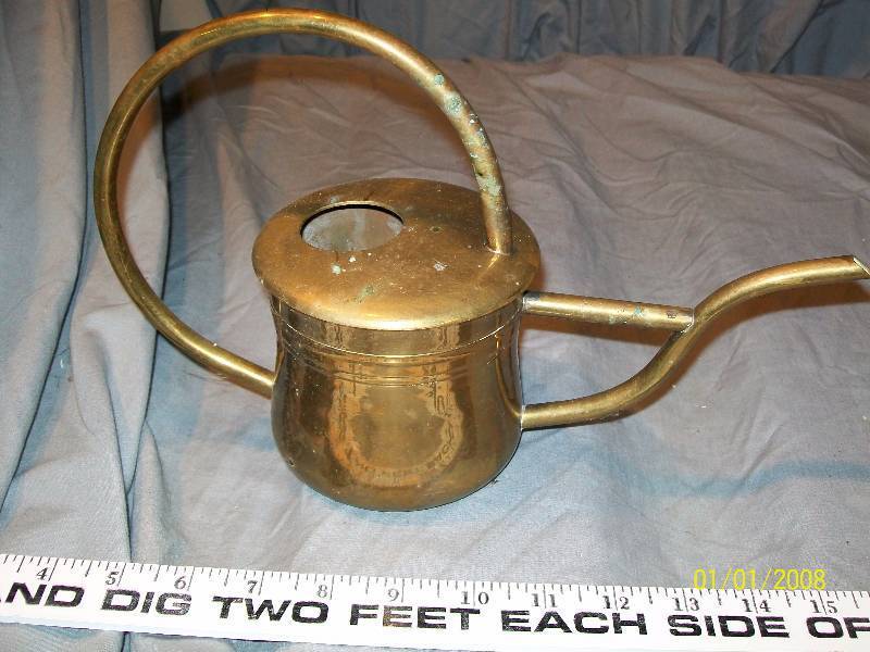 lot 52 image: 2 Piece Brass Lot. Includes 4 Vintage Brass Watering PotPitcher & 5 Brass Coal Scuttle