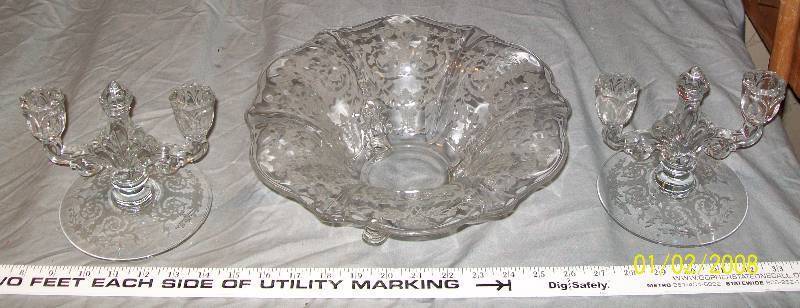 lot 54 image: 3 Piece Heisey Floral Etched Lead Glass Double Candle Sticks & 3 legged Bowl