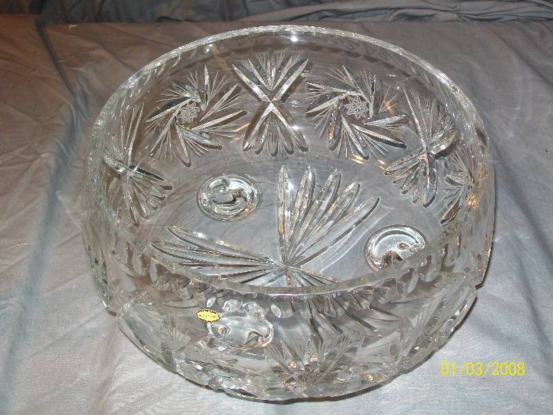 lot 65 image: 3 Pieces. Poland Crystal Footed Bowl, Metal Ladle, & Lenox Small Crystal Czech Republic Vase.