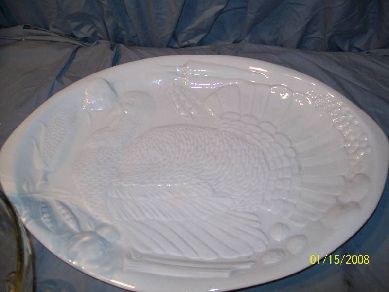 lot 7 image: 7 Piece Holiday Set (Turkey Platter, Butter Set, Glass Leaf Bowl, Deviled Egg Tray, Candle Holders)
