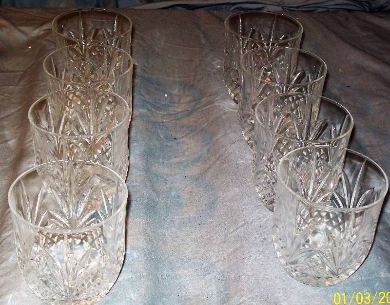 lot 70 image: 8- Vintage 3-12 6 oz Old Fashioned Tumblers with Criss Cut Fan Design. Unknown Maker.