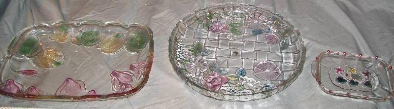 lot 76 image: 3 Vintage Exquisite Colored Floral Cut Glass PlattersTray. Includes Japan Riccardo Platter, Germany Mikasa Platter,