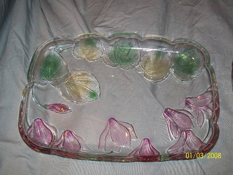 3 Vintage Exquisite Colored Floral Cut Glass Platters/Tray. Includes