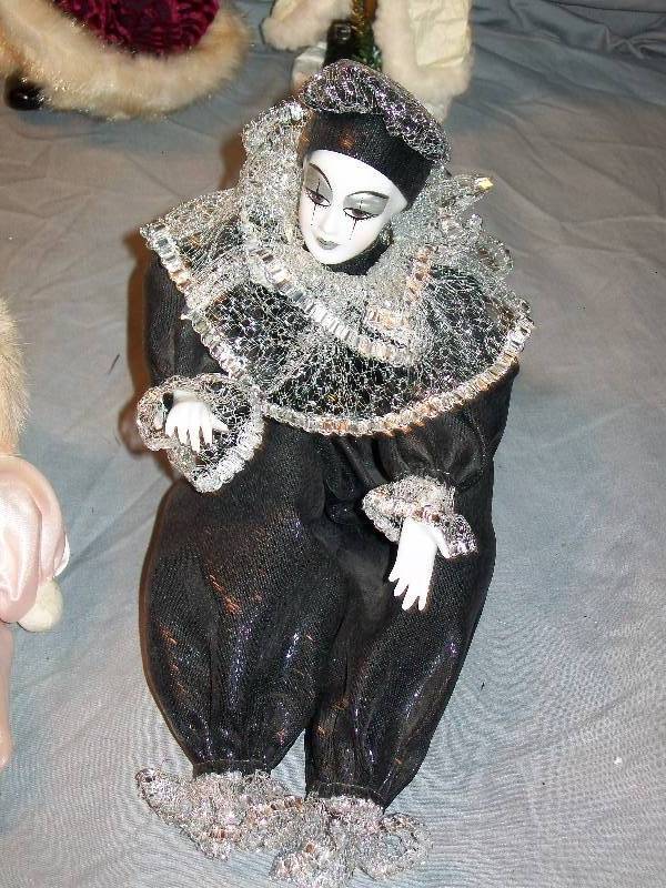 lot 88 image: 3 PC Lot with 2 Piece Vintage Porcelain DollFrenchPierrot Female JesterClown & 1 Bean Bag Doll