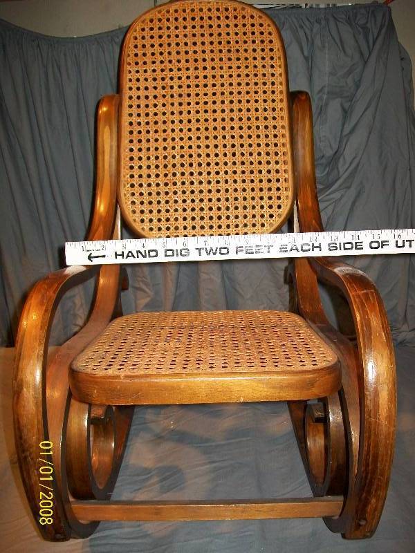 lot 45 image: Vintage Collectible Bent Wood Wicker Rattan Cane ChildKidYouth Rocking Chair.